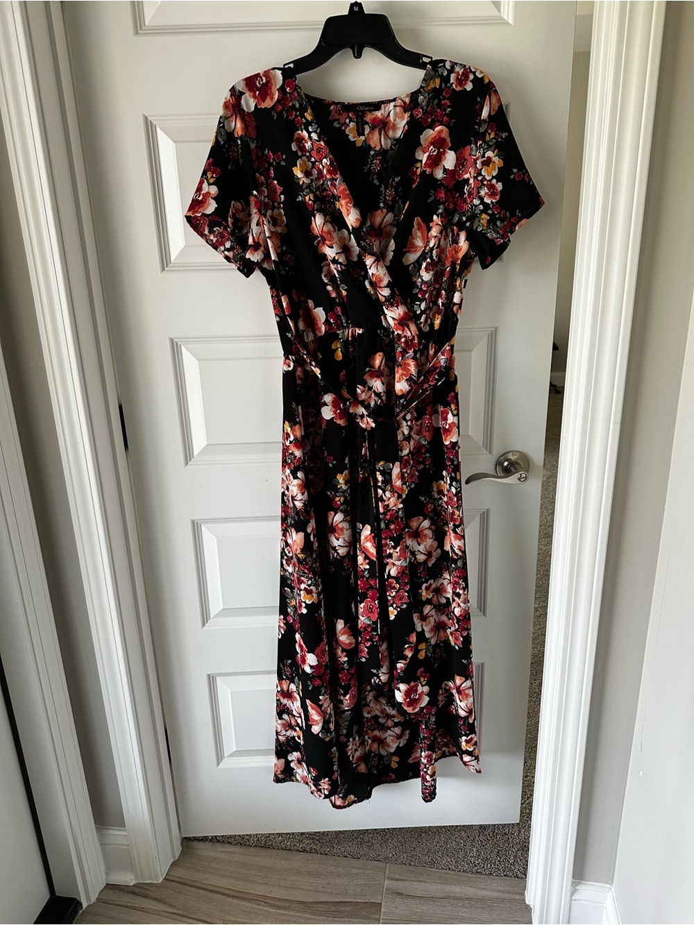 Minette Floral Wrap Midi Dress - Black with Red & Pink Blooms